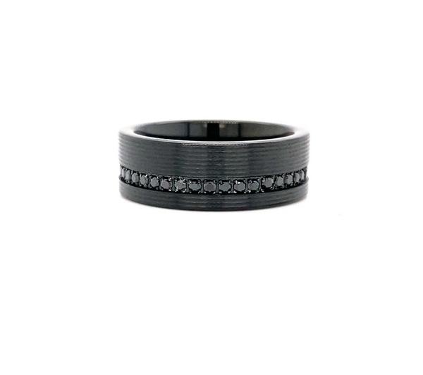 Off-Center Cz Eternity Grooved Tungsten Band