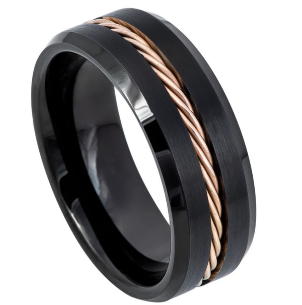 Black, Rose Gold Rope Tungsten Band