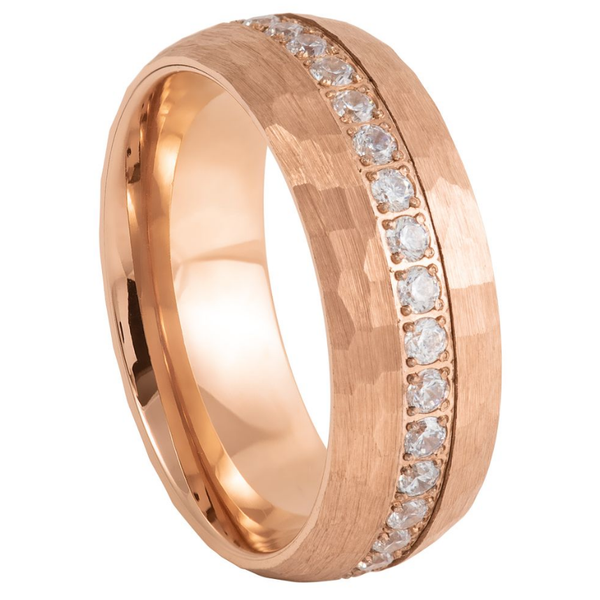 Rose Gold Hammered CZ Eternity Tungsten Band