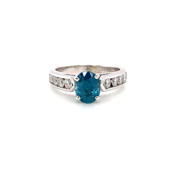 Natural Vivid Blue Zircon Oval Channel Set Ring