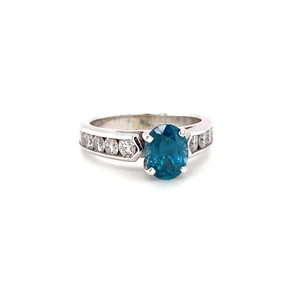 Natural Vivid Blue Zircon Oval Channel Set Ring