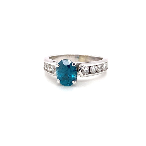 Natural Vivid Blue Zircon Oval Channel Set Ring