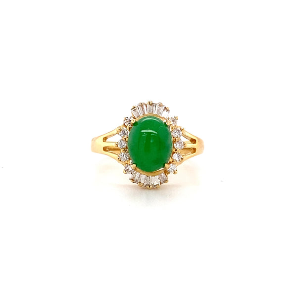 Mid Century Oval Jade Ring with Mixed Cut Halo