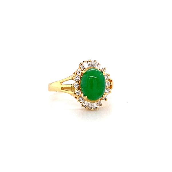 Mid Century Oval Jade Ring with Mixed Cut Halo